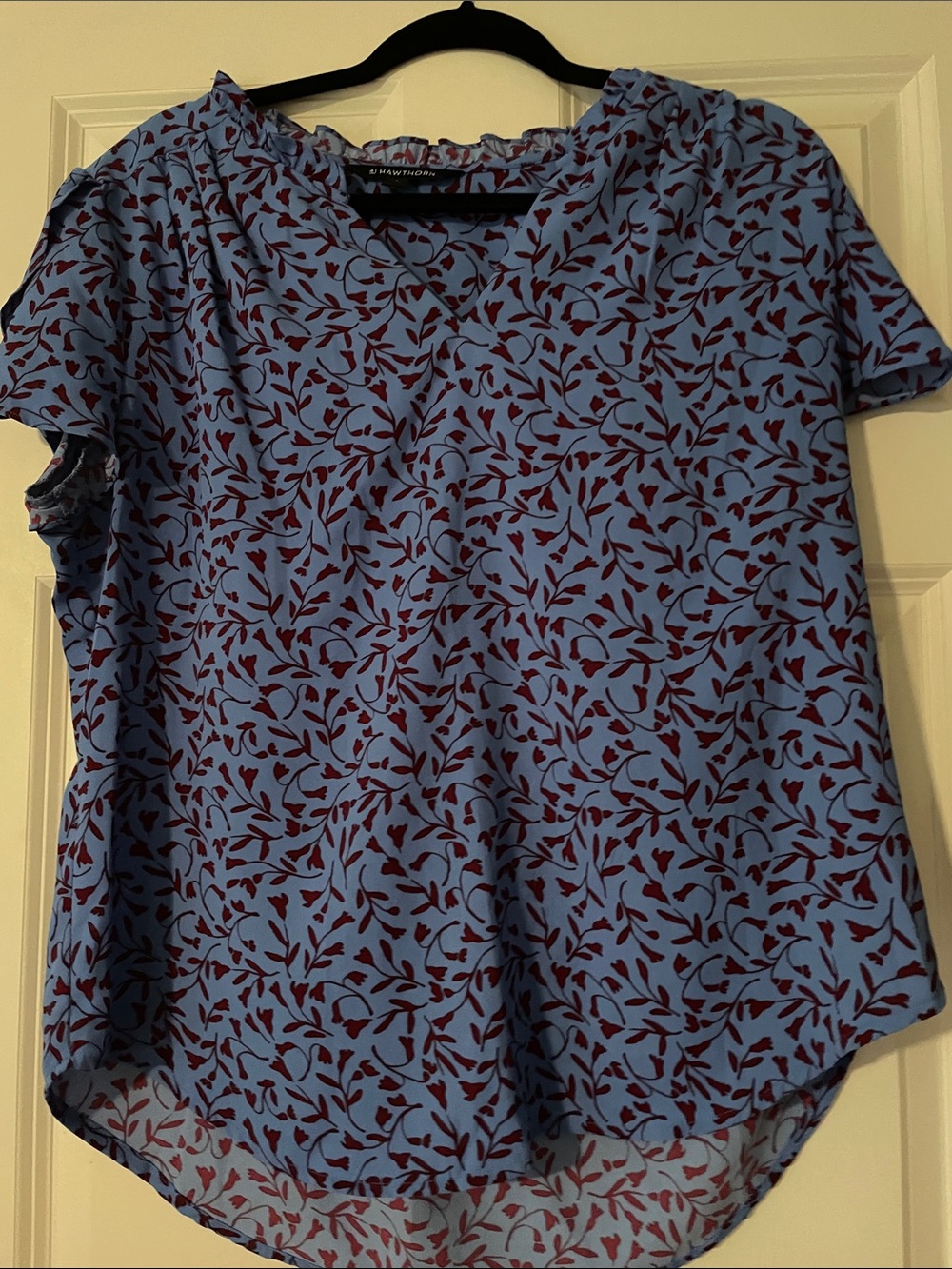 Eileen Fisher Light Blue Blouse with Burgundy Leaf Print